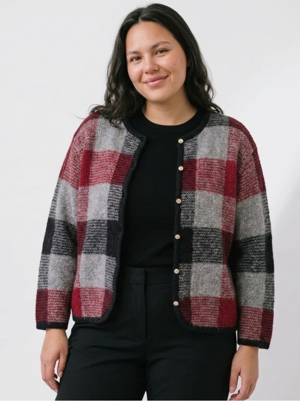 DRESSBARN Vintage Cardigan Mohair Blend Black Red Grey Check Women Plus 18-20